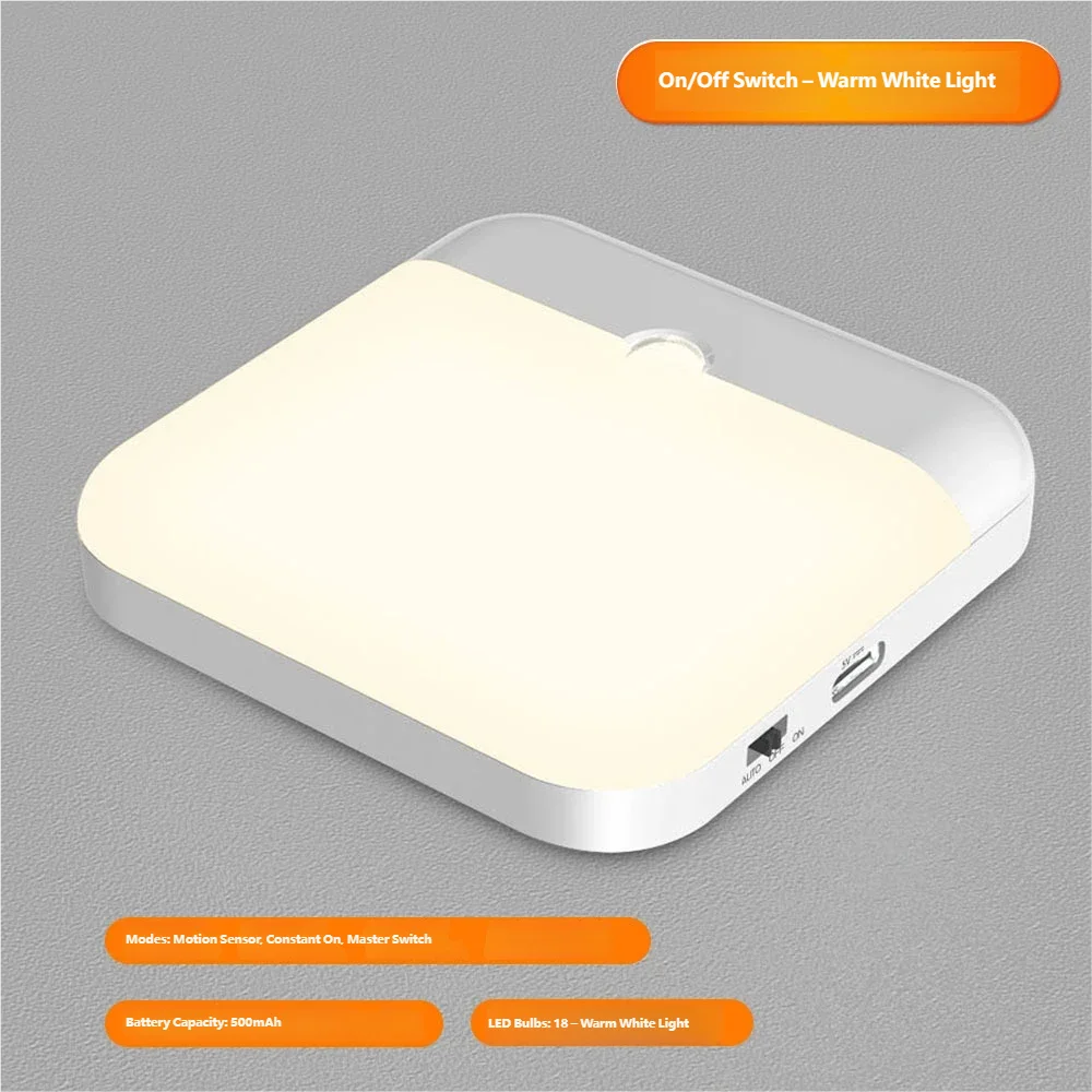 LED Motion Sensor Night Light, Square USB Rechargeable Cabinet Lamp, for Bedroom Kitchen Staircase Hallway Wardrobe