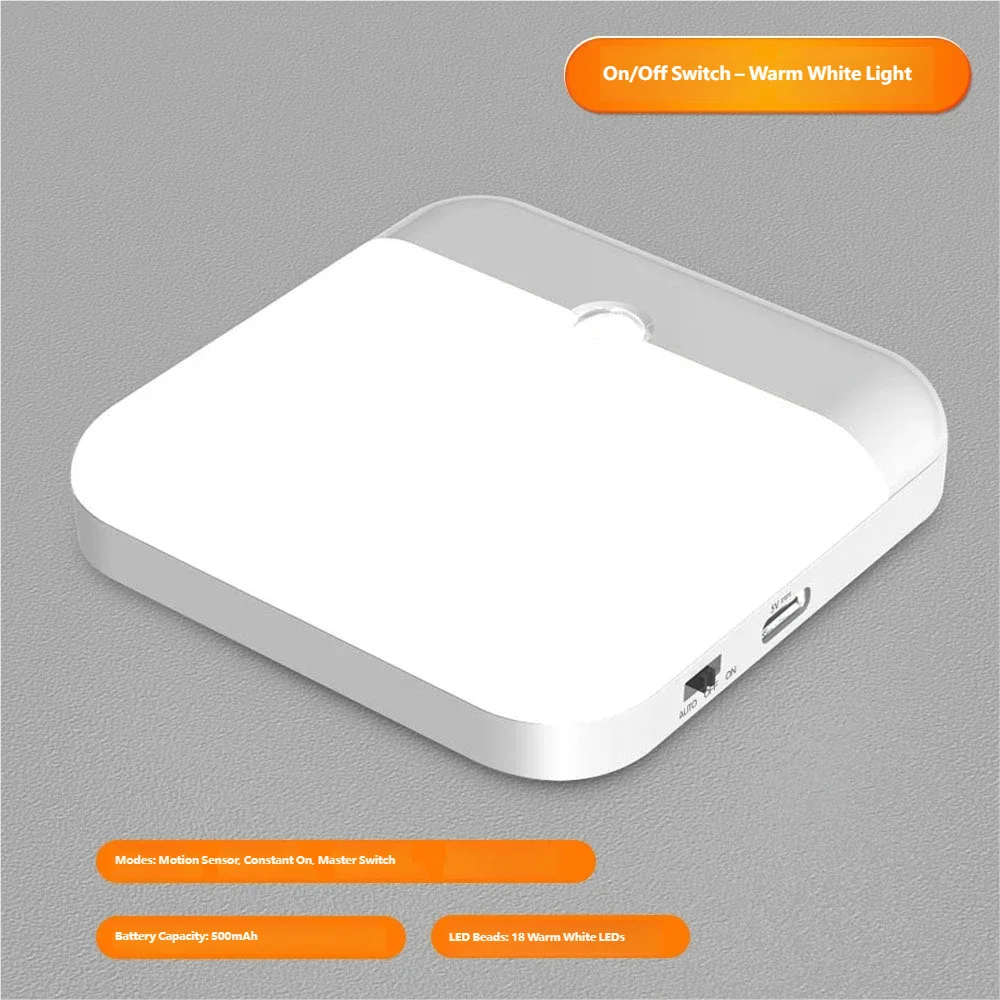 LED Motion Sensor Night Light, Square USB Rechargeable Cabinet Lamp, for Bedroom Kitchen Staircase Hallway Wardrobe