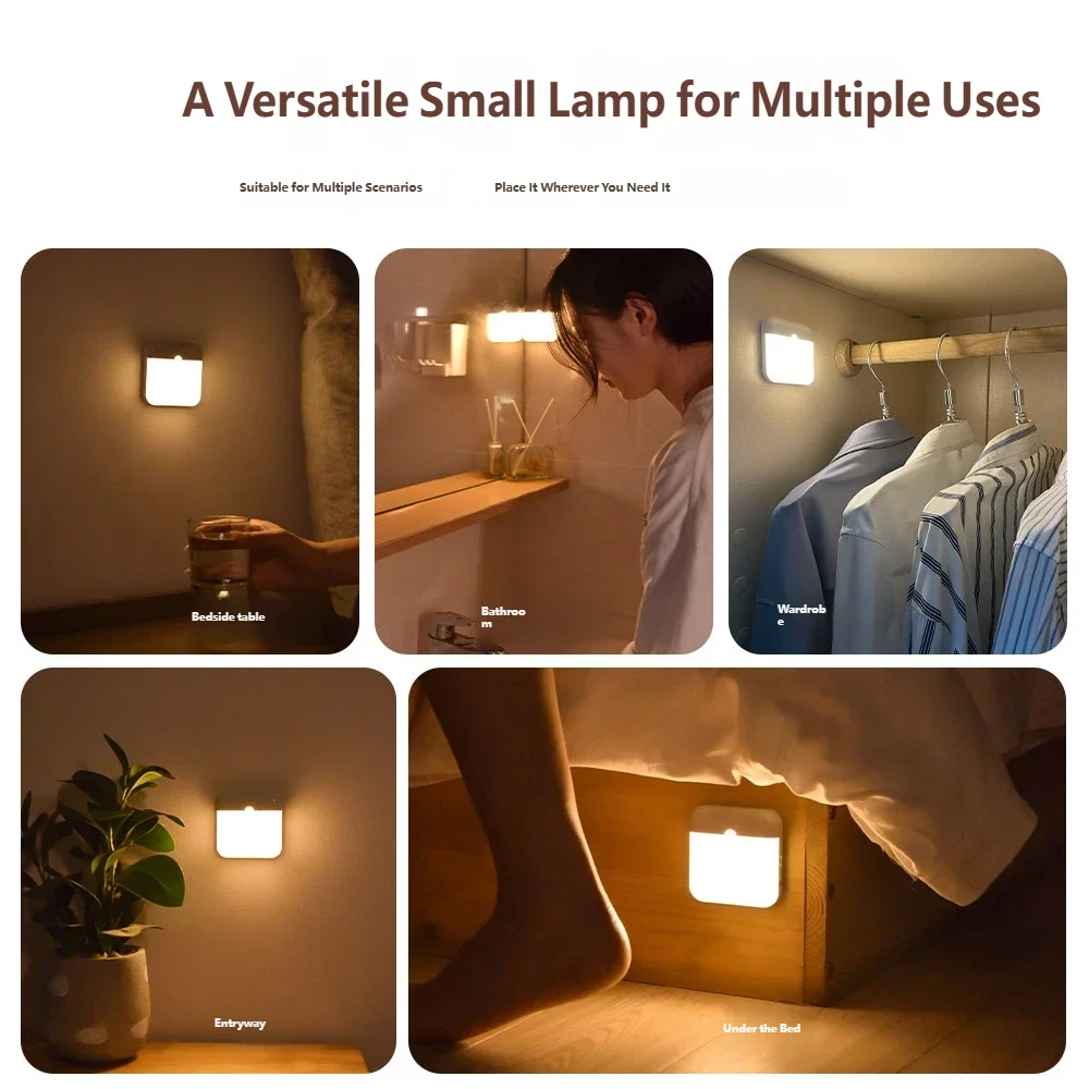 LED Motion Sensor Night Light, Square USB Rechargeable Cabinet Lamp, for Bedroom Kitchen Staircase Hallway Wardrobe