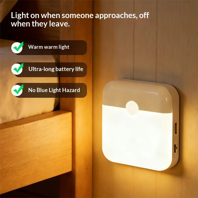 LED Motion Sensor Night Light, Square USB Rechargeable Cabinet Lamp, for Bedroom Kitchen Staircase Hallway Wardrobe
